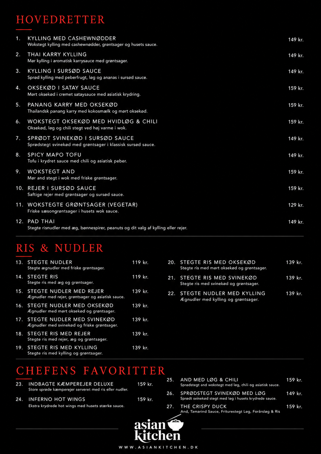 Asian Kitchen menukort side 2 — Hovedretter, ris & nudler og chefens favoritter
