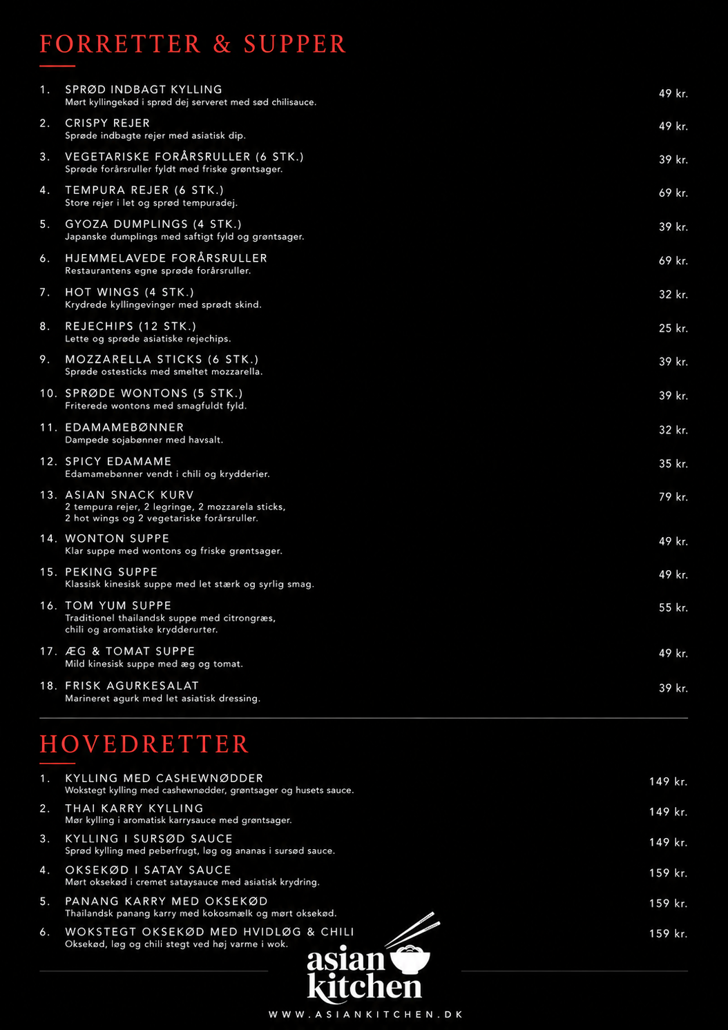 Asian Kitchen menukort side 1 — Forretter, supper og hovedretter